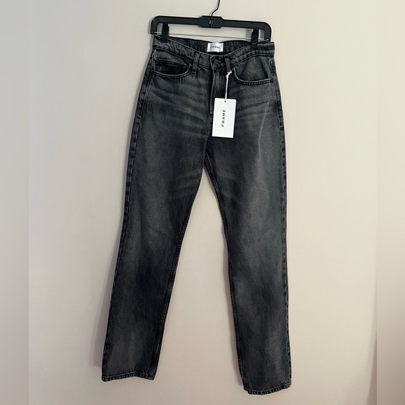 Frame woman's black denim mid rise the straight Baggy jeans pants